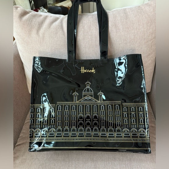 Harrods Handbags - Harrods Large PVC Patent Leather Black & Gold Tote Bag